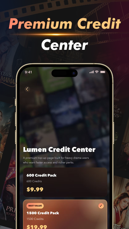 RushDrama Premium Credit Center screen